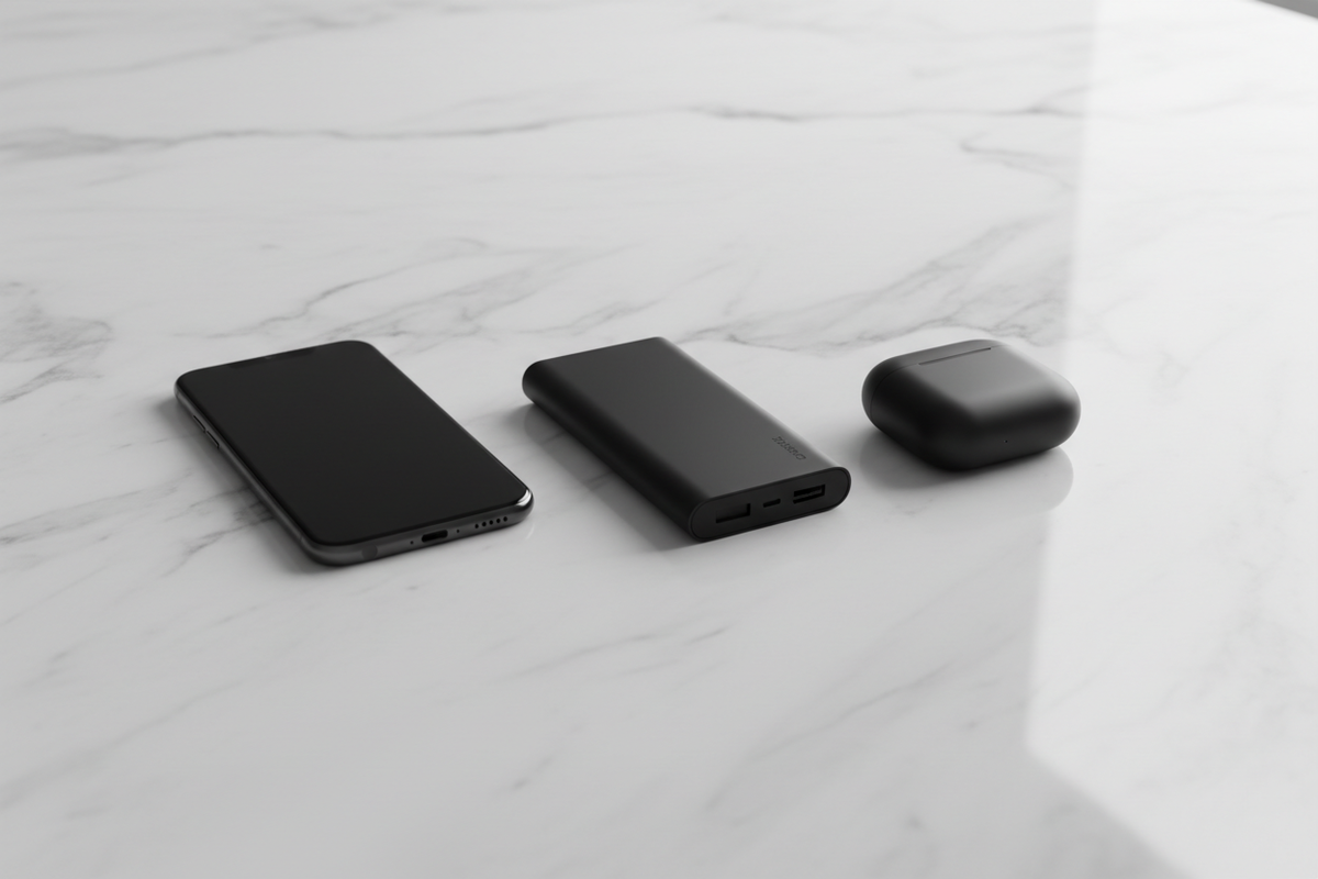 Portable power bank with multiple USB ports on a wooden surface for charging devices on the go