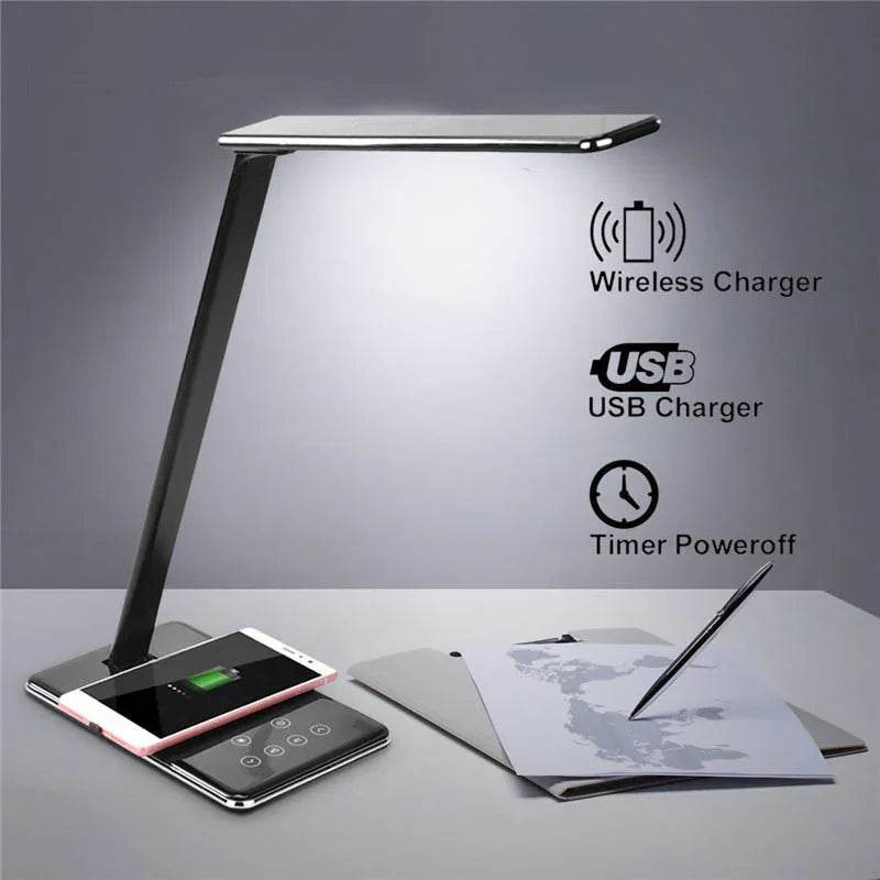 Smart LED desk lamp with adjustable brightness and built-in wireless charging pad on a desk