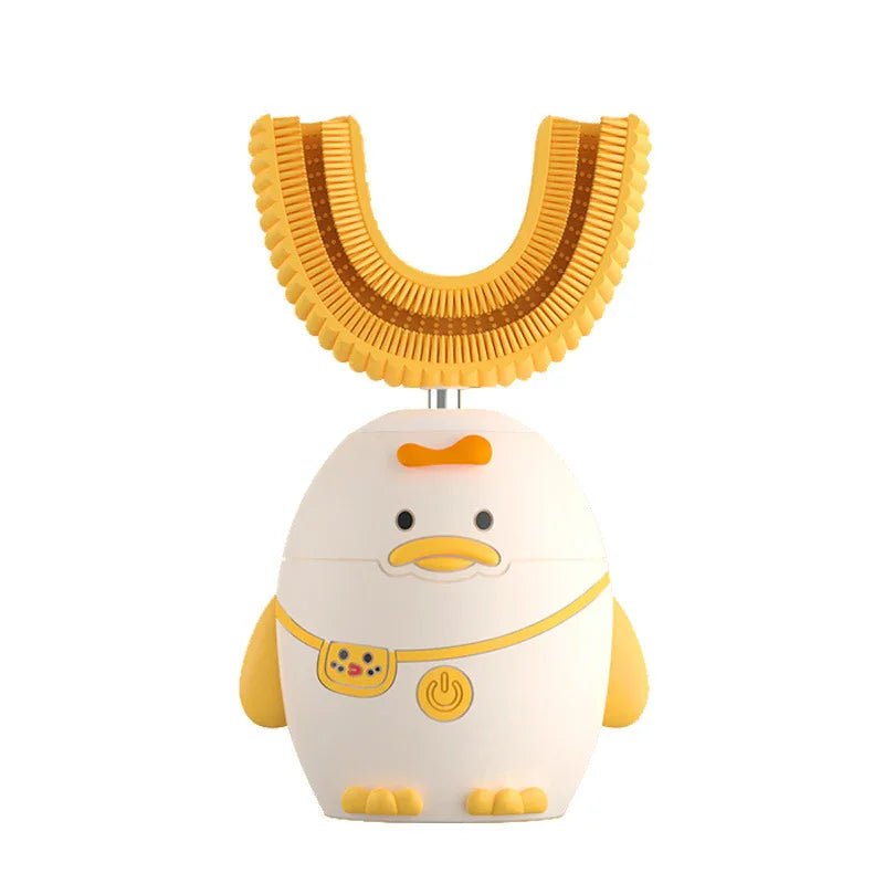 Kids electric toothbrush with soft silicone 360° U-shaped brush head in fun cartoon design for gentle, effective cleaning and easy grip.