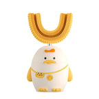 Kids electric toothbrush with soft 360° U-shaped silicone head and playful cartoon design for gentle all-around cleaning
