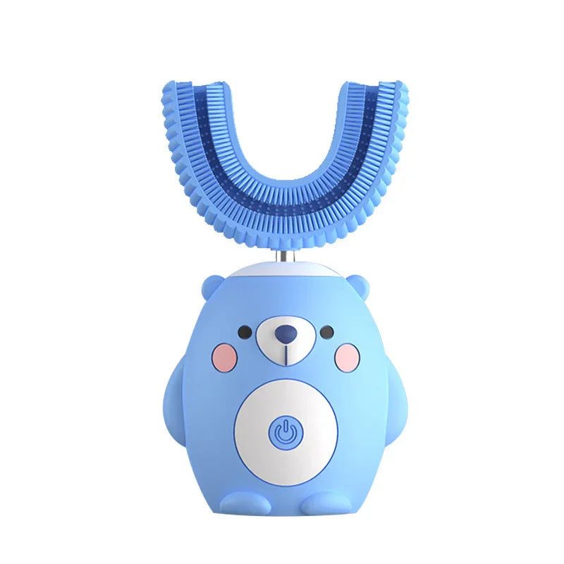 Kids electric toothbrush with soft silicone bristles and 360° cleaning design in a fun cartoon style