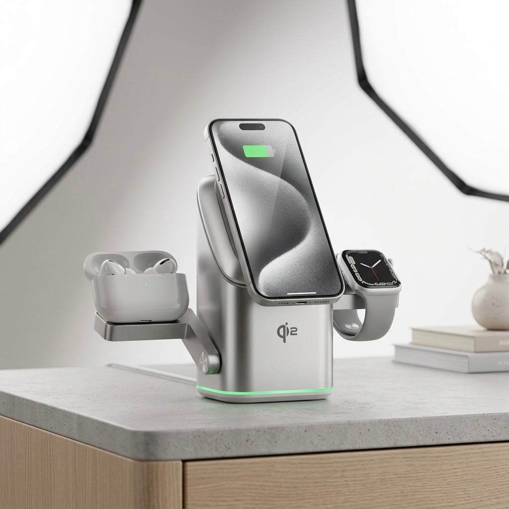 Multi-device charging station with smartphone, smartwatch, and earbuds on a desk.