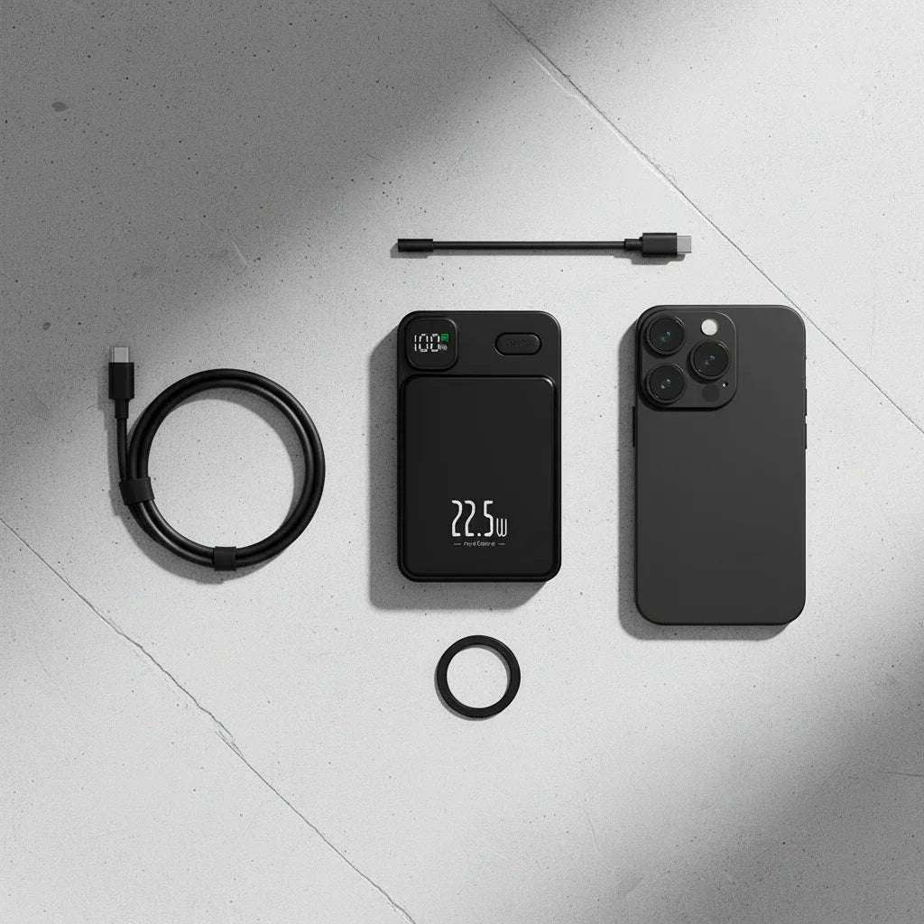 Gadgetryo PowerSnap Magnetic Wireless Power Bank alongside a smartphone and charging cable on a flat surface.