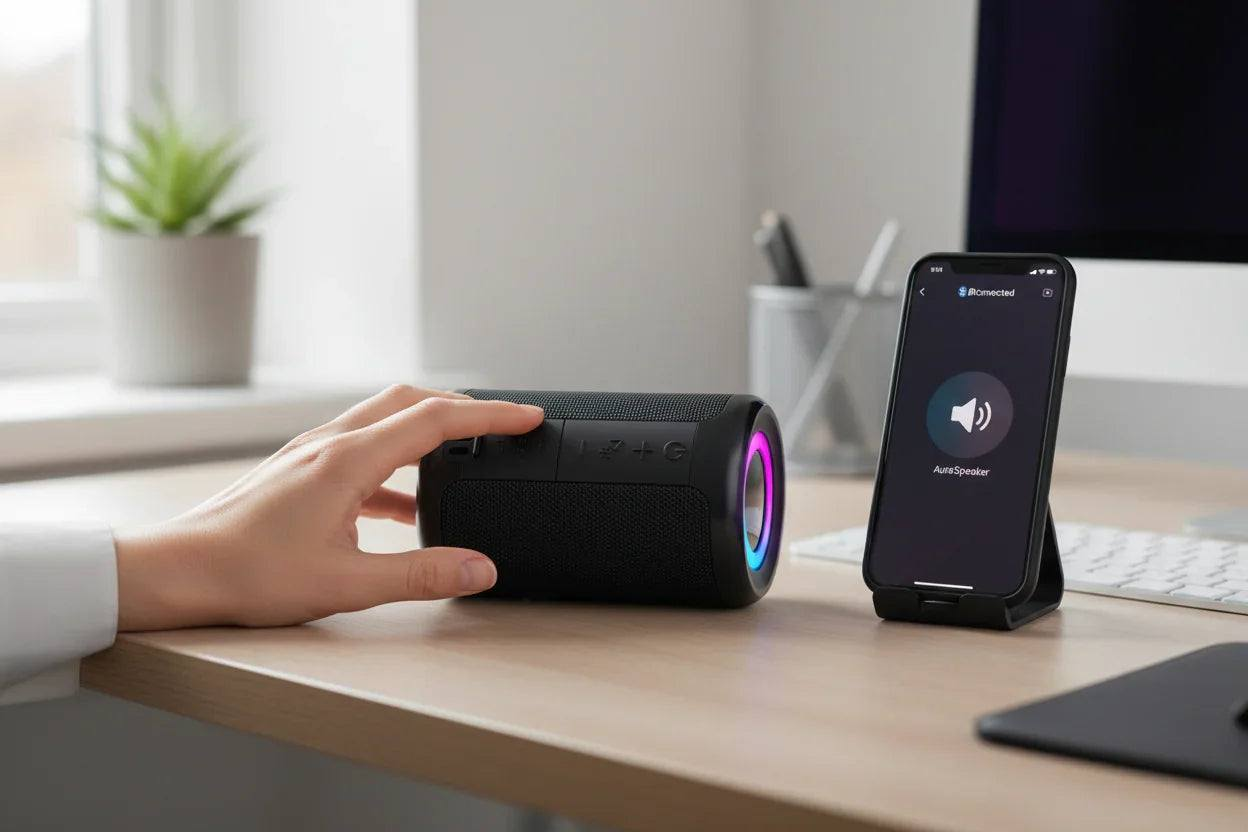 Person adjusting a Portable Bluetooth Speaker with smartphone, showcasing stylish design and vibrant lights.