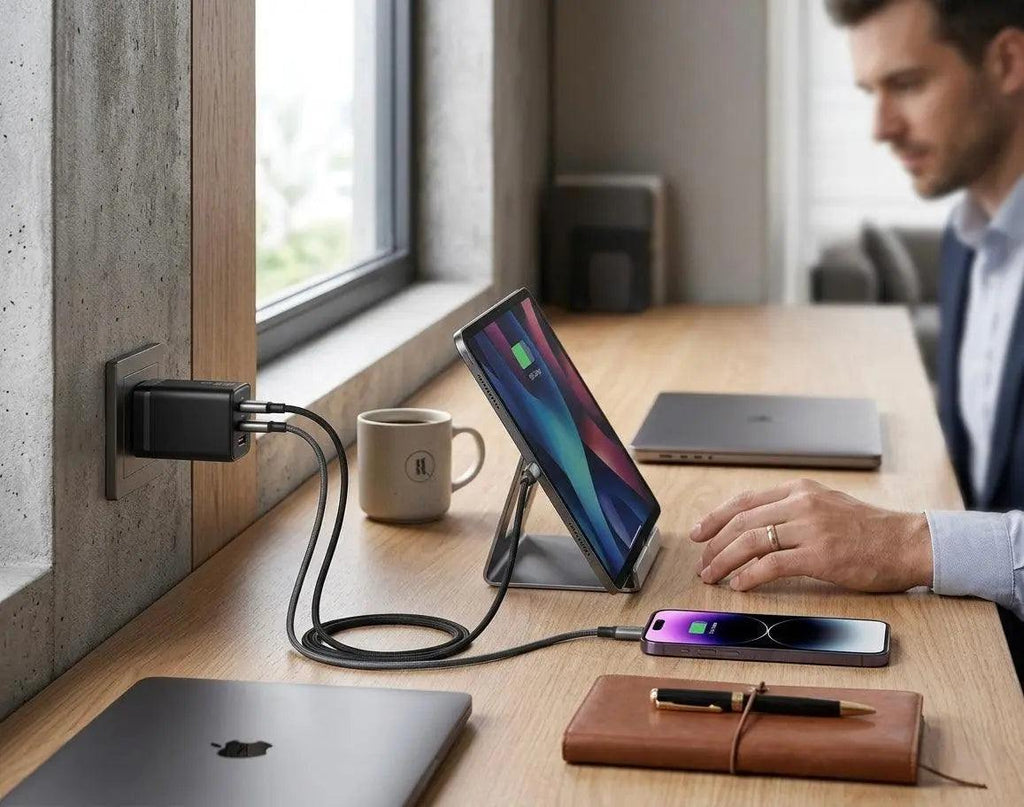 40W GaN Fast Charger with USB-C and USB-A dual outputs in compact design for fast charging