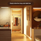 Smart motion sensor night light LED strip with USB rechargeable battery and magnetic mounting for cordless hands-free nighttime illumination