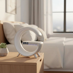 Smart wireless charging lamp with Bluetooth speaker, LED light, and adjustable brightness on a desk
