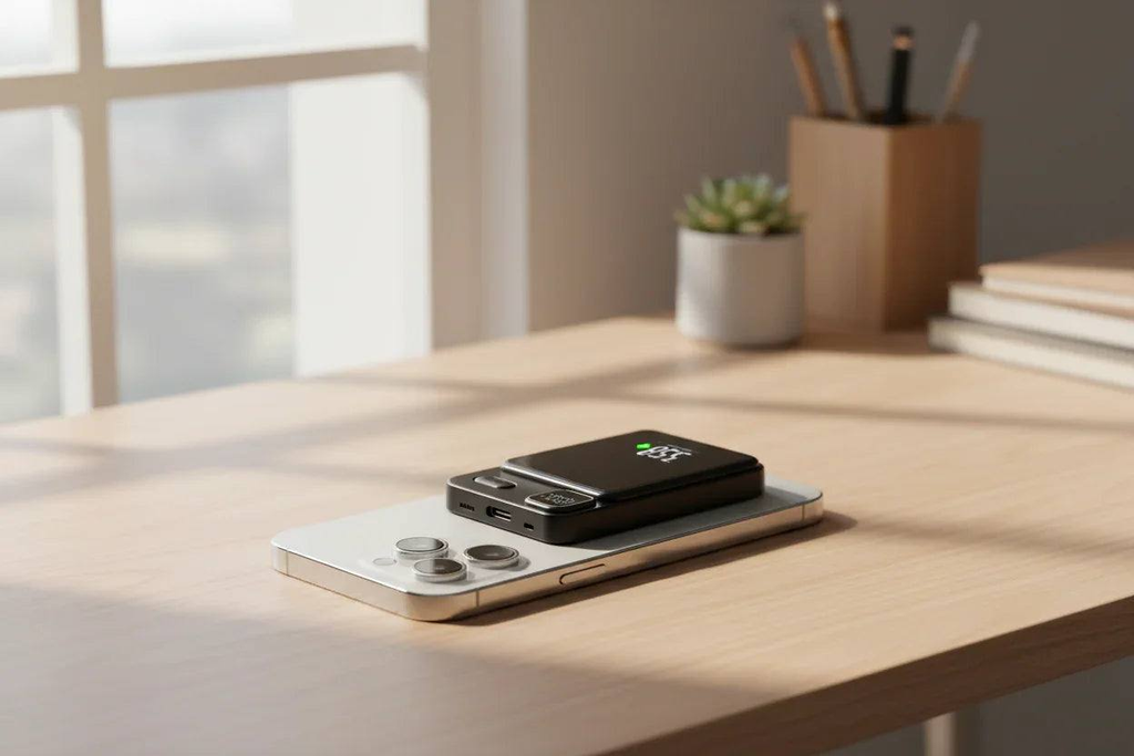 Gadgetryo PowerSnap - Magnetic Wireless Power Bank on a smartphone, showcasing fast charging capabilities.