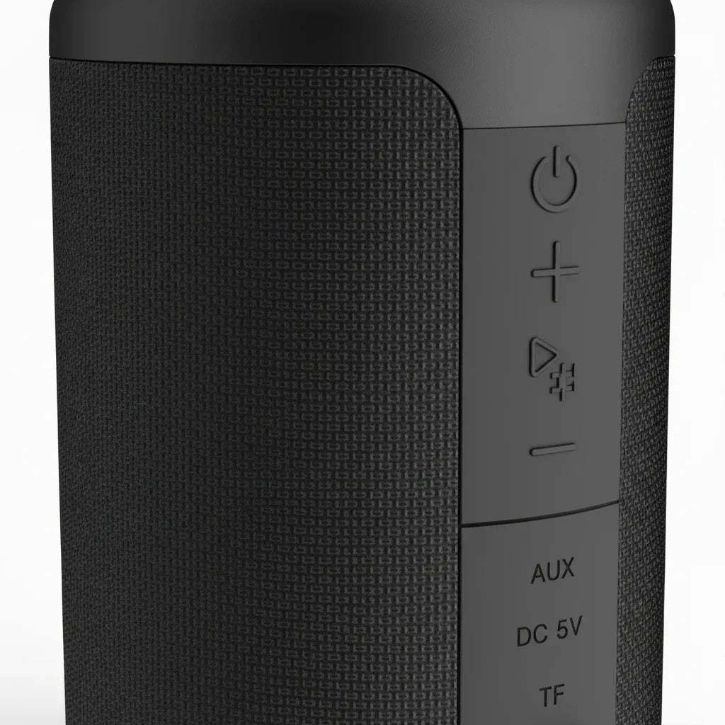 Close-up of a Portable Bluetooth Speaker showcasing control buttons and textured surface for enhanced grip.