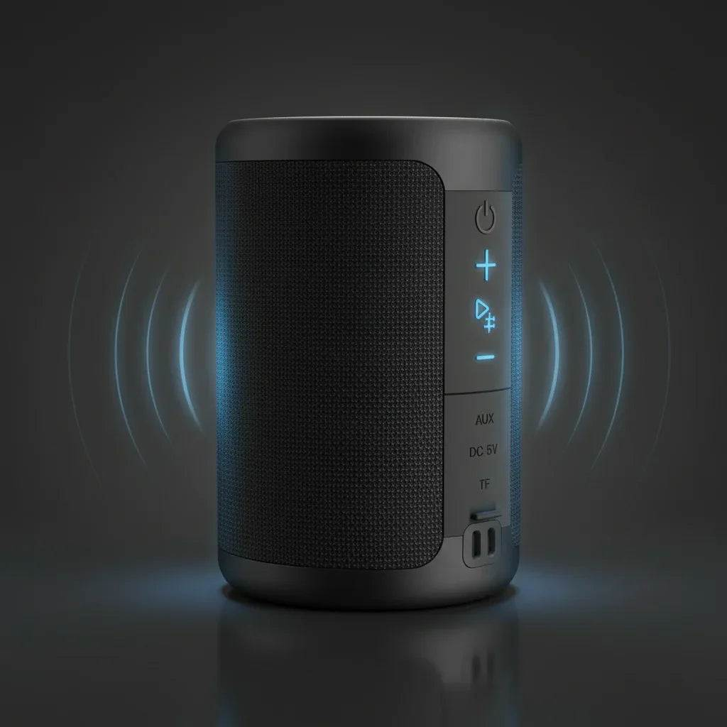 Compact portable Bluetooth speaker with modern LED light and detachable lanyard