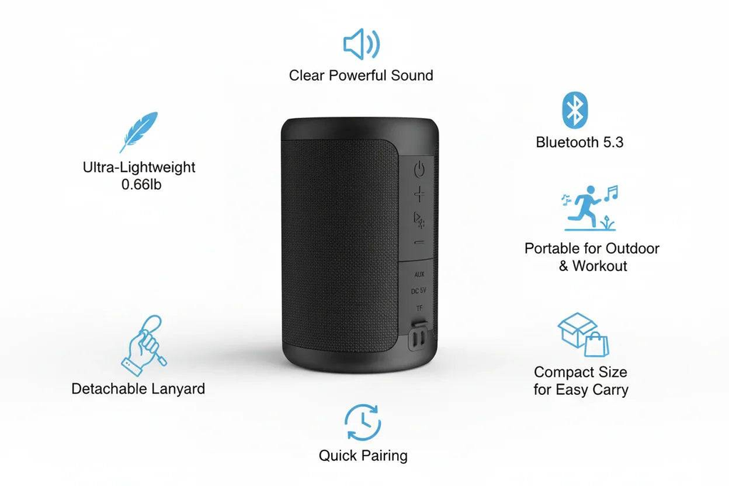 Compact portable Bluetooth speaker with 30W output, Bluetooth 5.3, LED light, and detachable lanyard for easy carrying