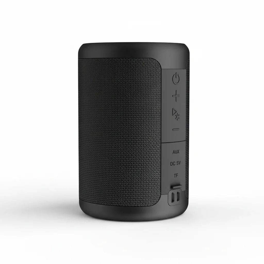 Portable Bluetooth Speaker in black with controls and textured design for better grip