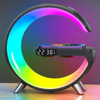 Smart wireless charging lamp with Bluetooth speaker, LED light, and adjustable brightness on a modern desk