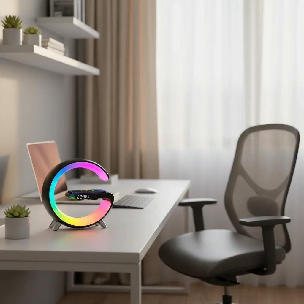 Modern Smart Wireless Charging Lamp with digital display and RGB lights on a white desk