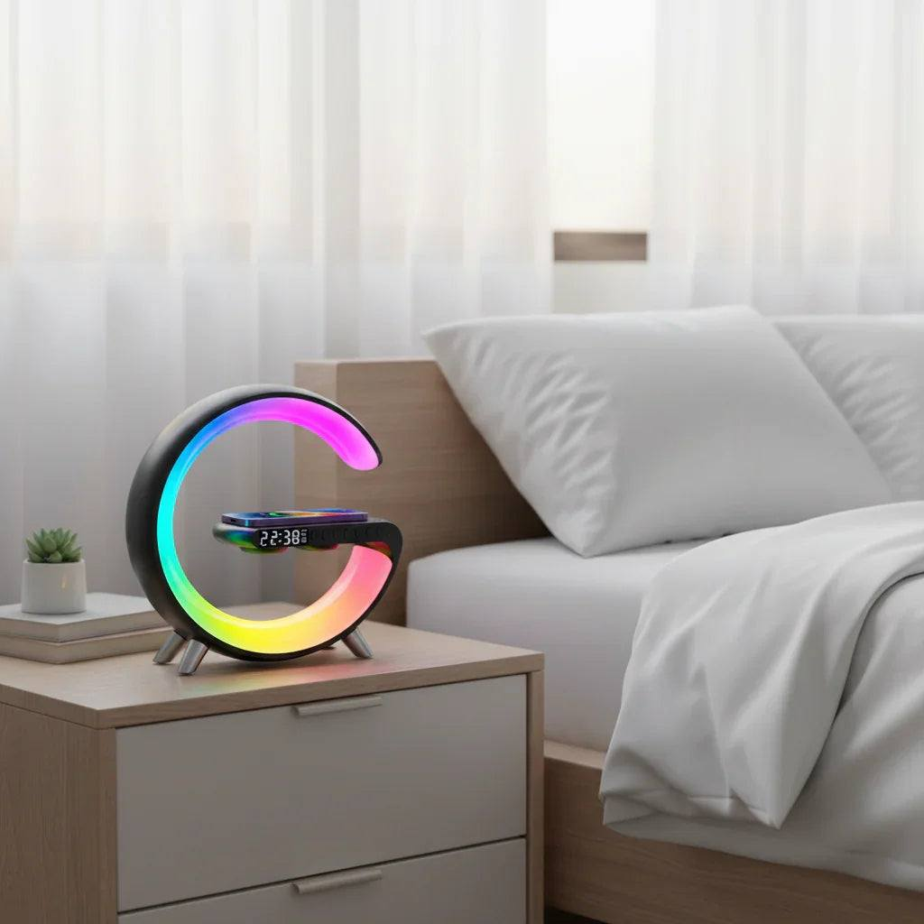 Colorful Smart Wireless Charging Lamp on a nightstand next to a bed in a bedroom.