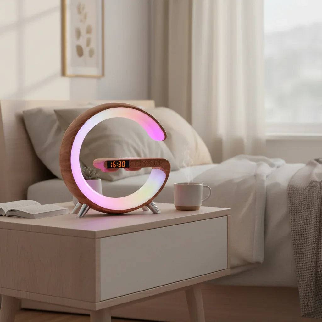 Modern Smart Wireless Charging Lamp with digital display on bedroom nightstand