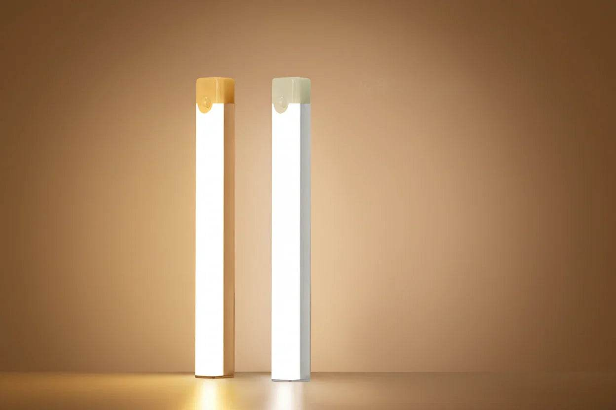 Two Smart Motion Sensor Night Lights on a beige background