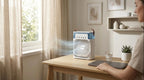 Compact 3-in-1 portable air cooler fan with mist, USB power, LED lights, and adjustable settings for personal cooling