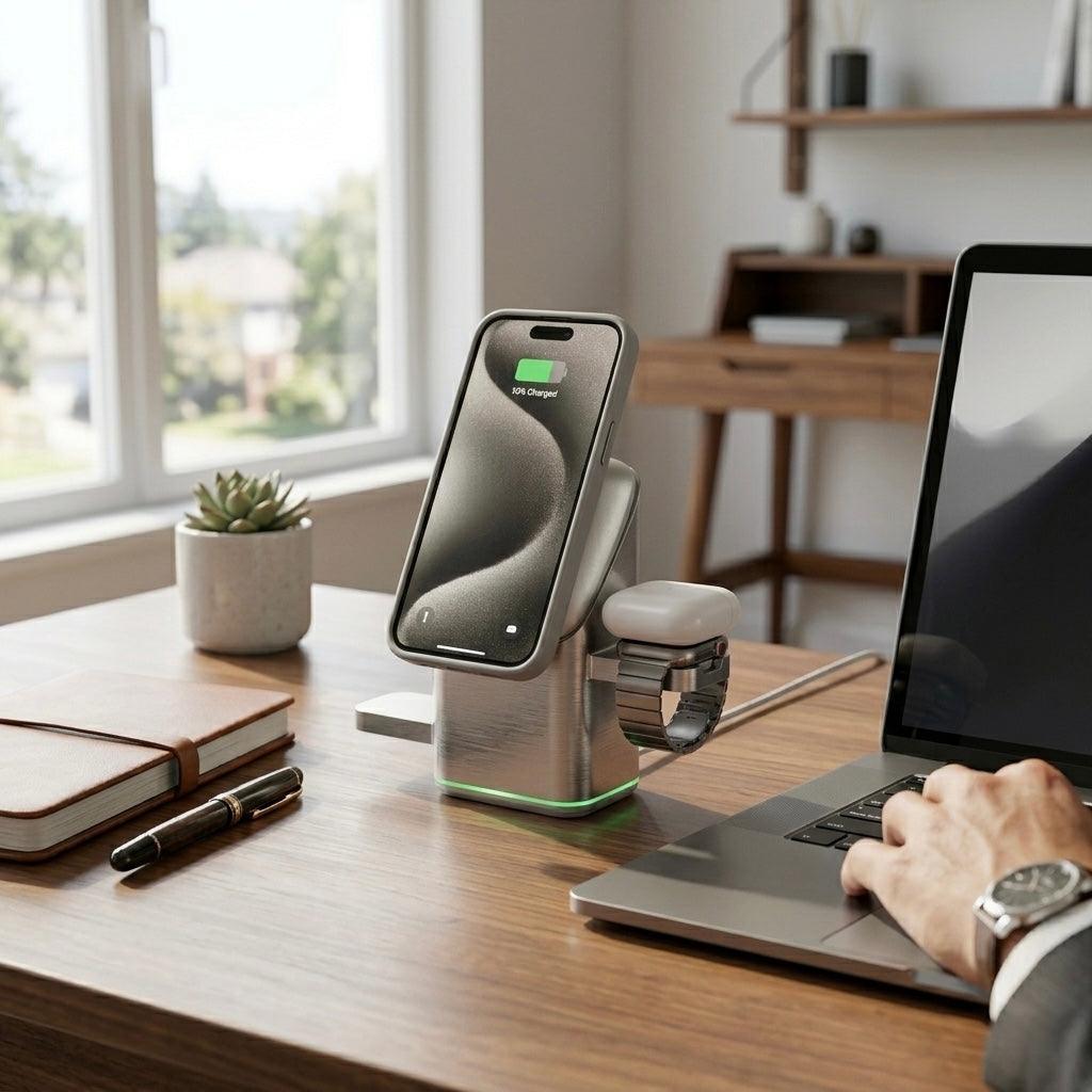 Desk setup with smartphone on a Qi2 3-in-1 wireless charger, laptop, and person using a laptop in a bright room.