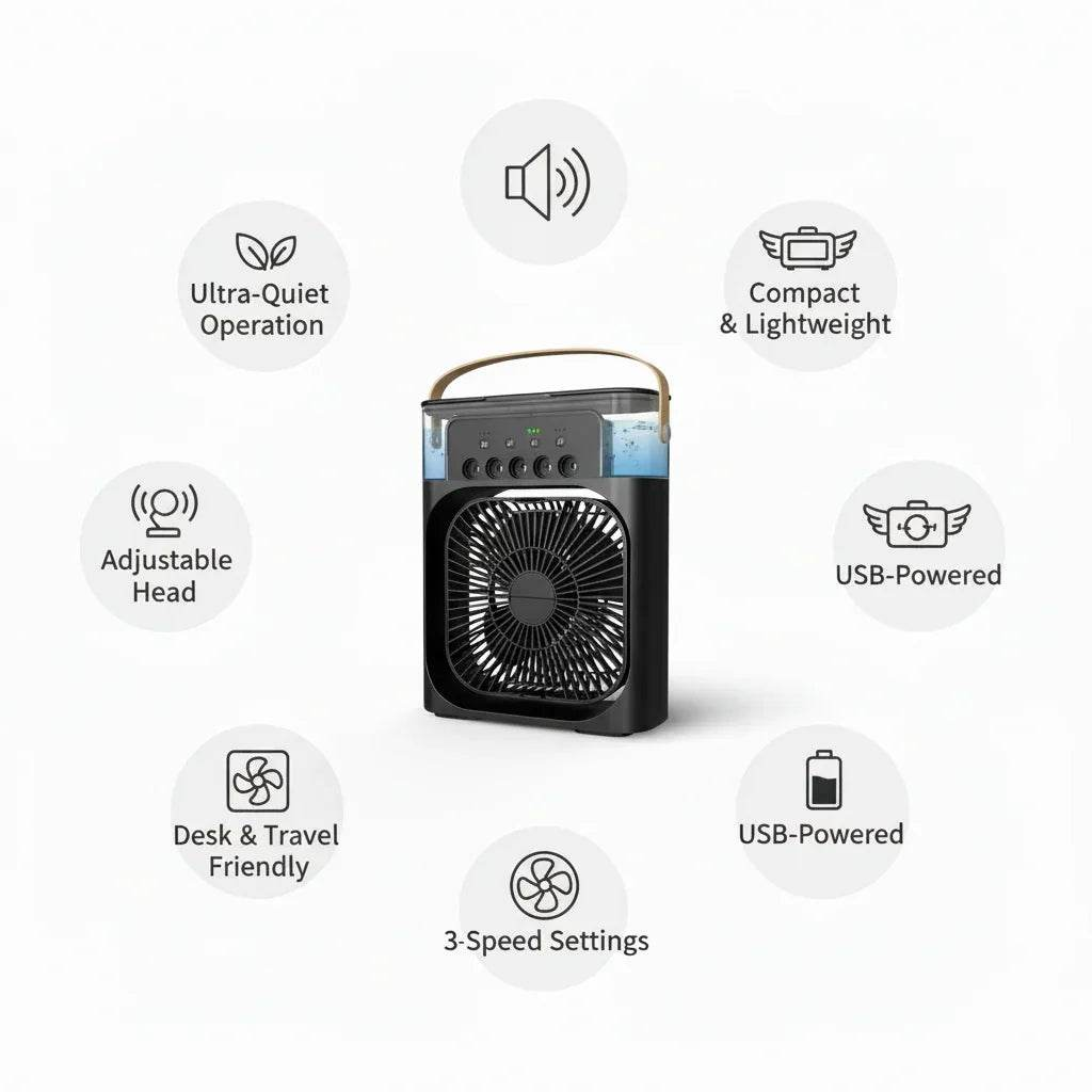 Compact and lightweight 3-in-1 portable air cooler fan with ultra-quiet operation and adjustable head.