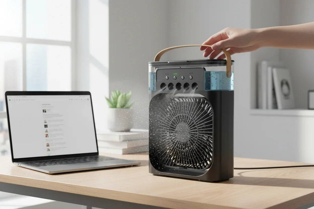 3-in-1 Portable Air Cooler Fan with adjustable mist spray, ideal for desk use with laptop.