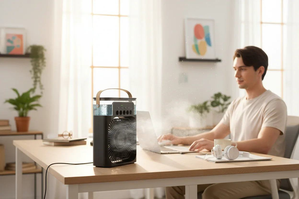 Man using a 3-in-1 Portable Air Cooler Fan at a desk, enjoying mist and comfort while working on a laptop.