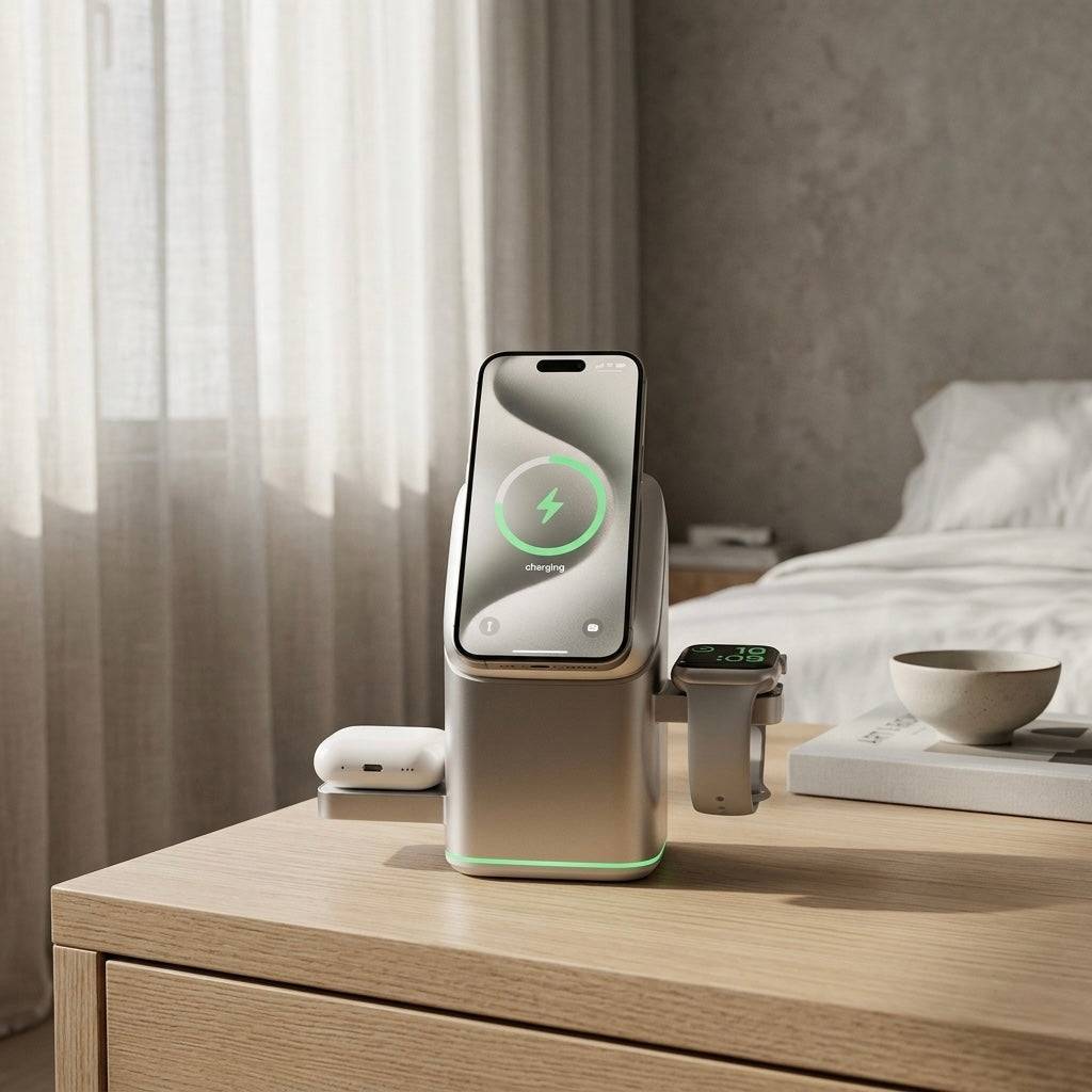 Multi-device charging station on a nightstand with smartphone, smartwatch, and wireless earbuds.