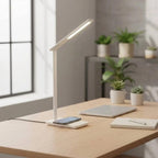 Smart LED Desk Lamp with adjustable lighting and wireless charging pad on a modern desk