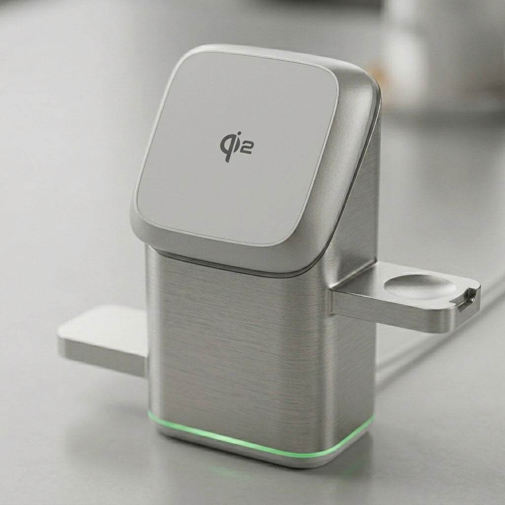Qi2 3-in-1 wireless charger with Qi2 logo on a light background