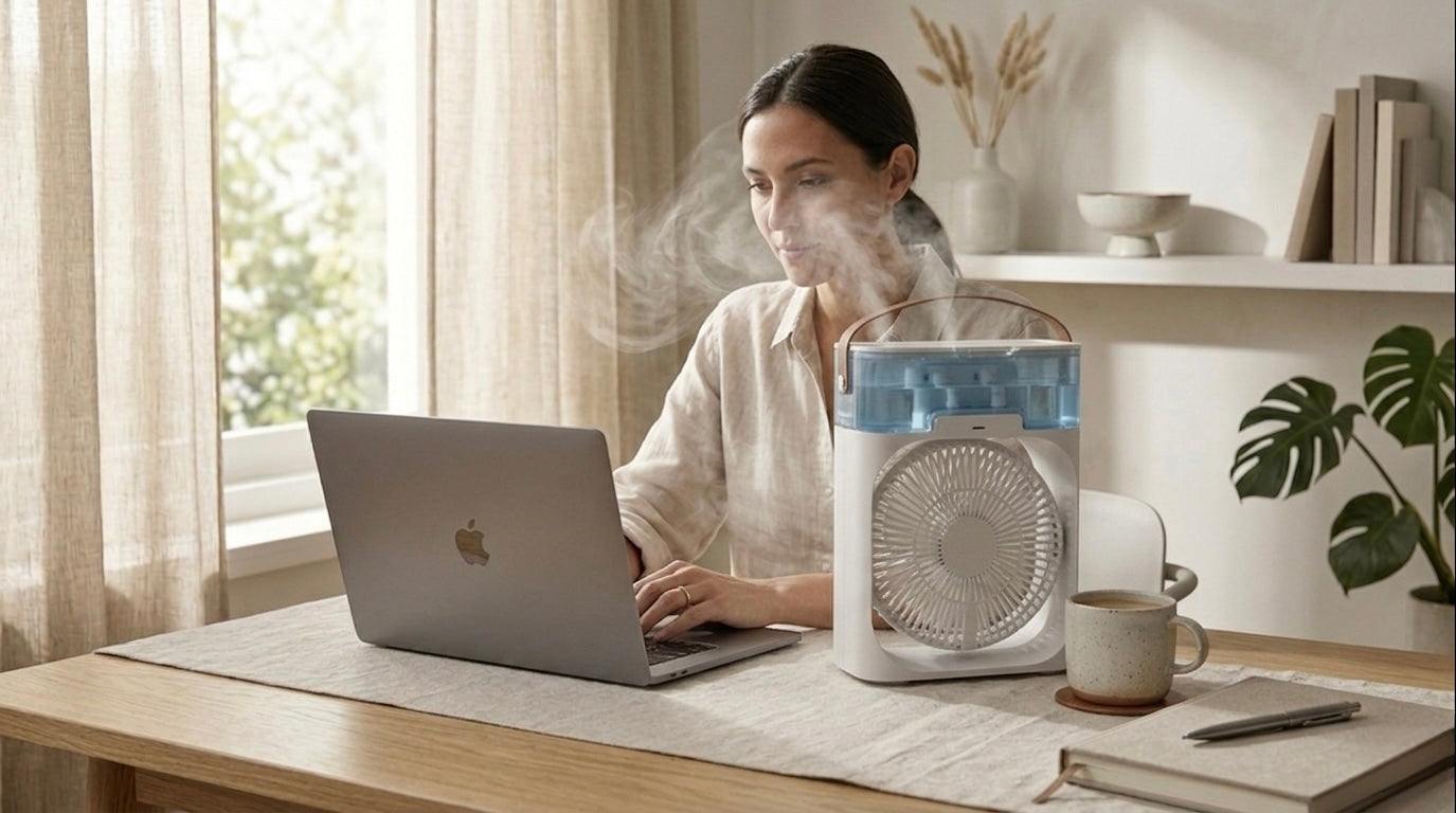 Woman using a laptop with a humidifier on a desk in a bright room.