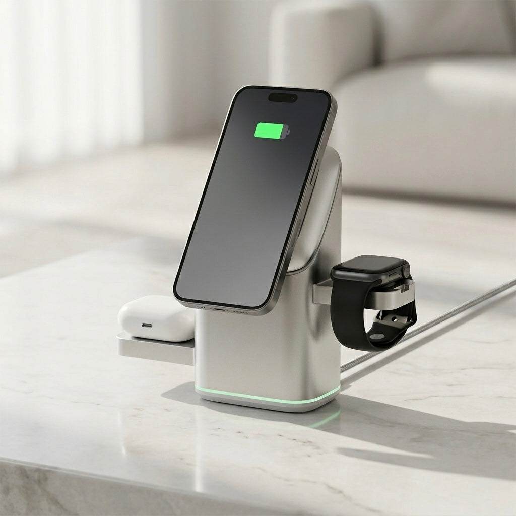 Multi-device charging station with smartphone, smartwatch, and wireless earbuds on a marble surface.