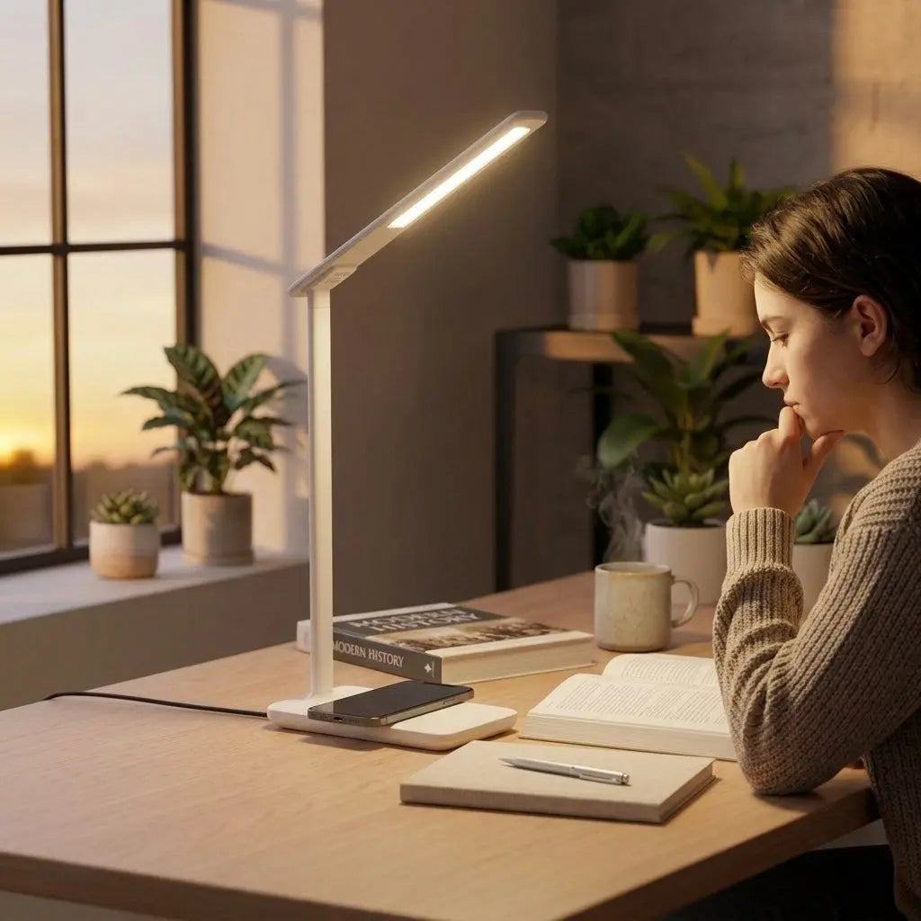 Smart LED desk lamp with adjustable lighting and wireless charging pad on a modern workspace