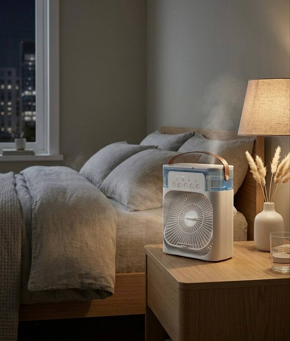 Humidifier on a bedside table with a bed and window in the background