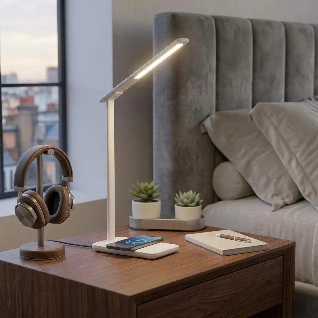 Smart LED Desk Lamp with adjustable lighting and wireless charging pad on a desk
