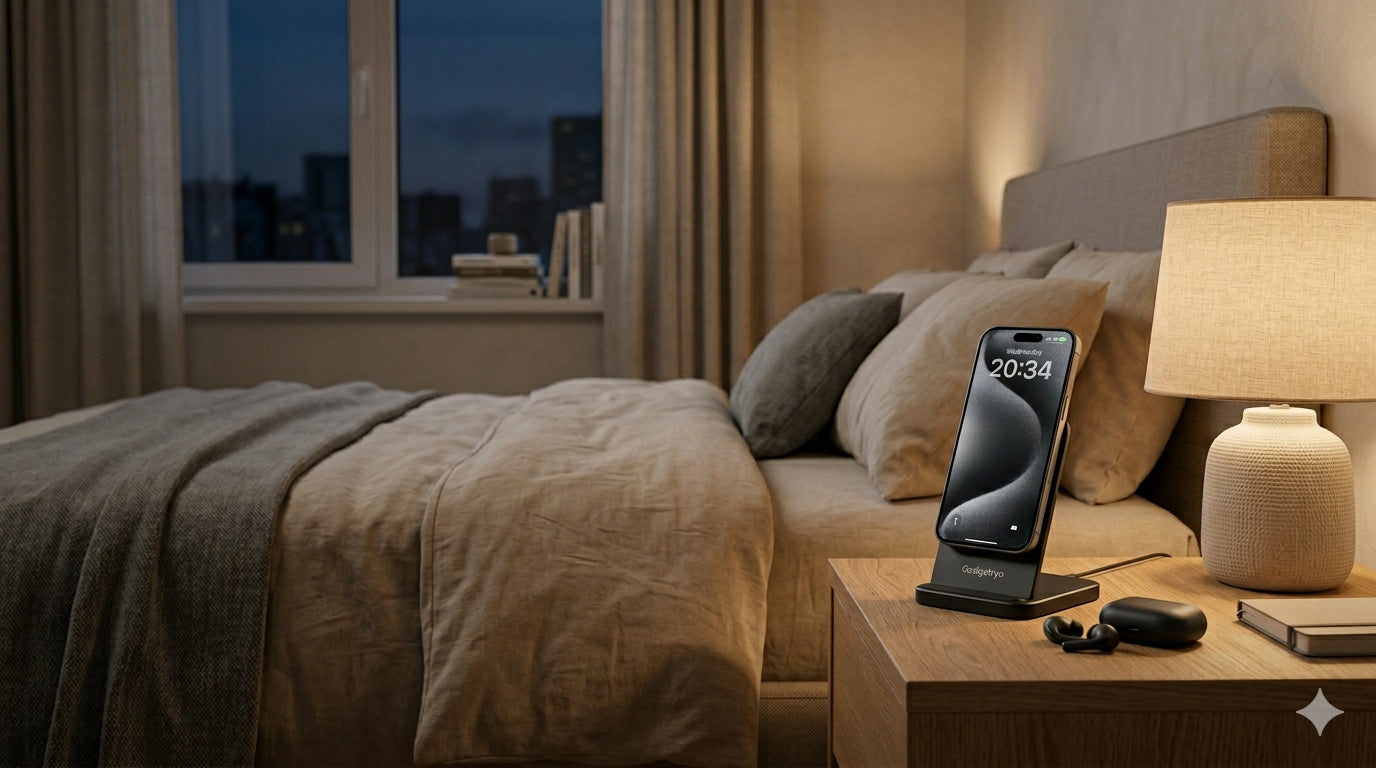 Smartphone on a stand in a bedroom with a bed and lamp in the background