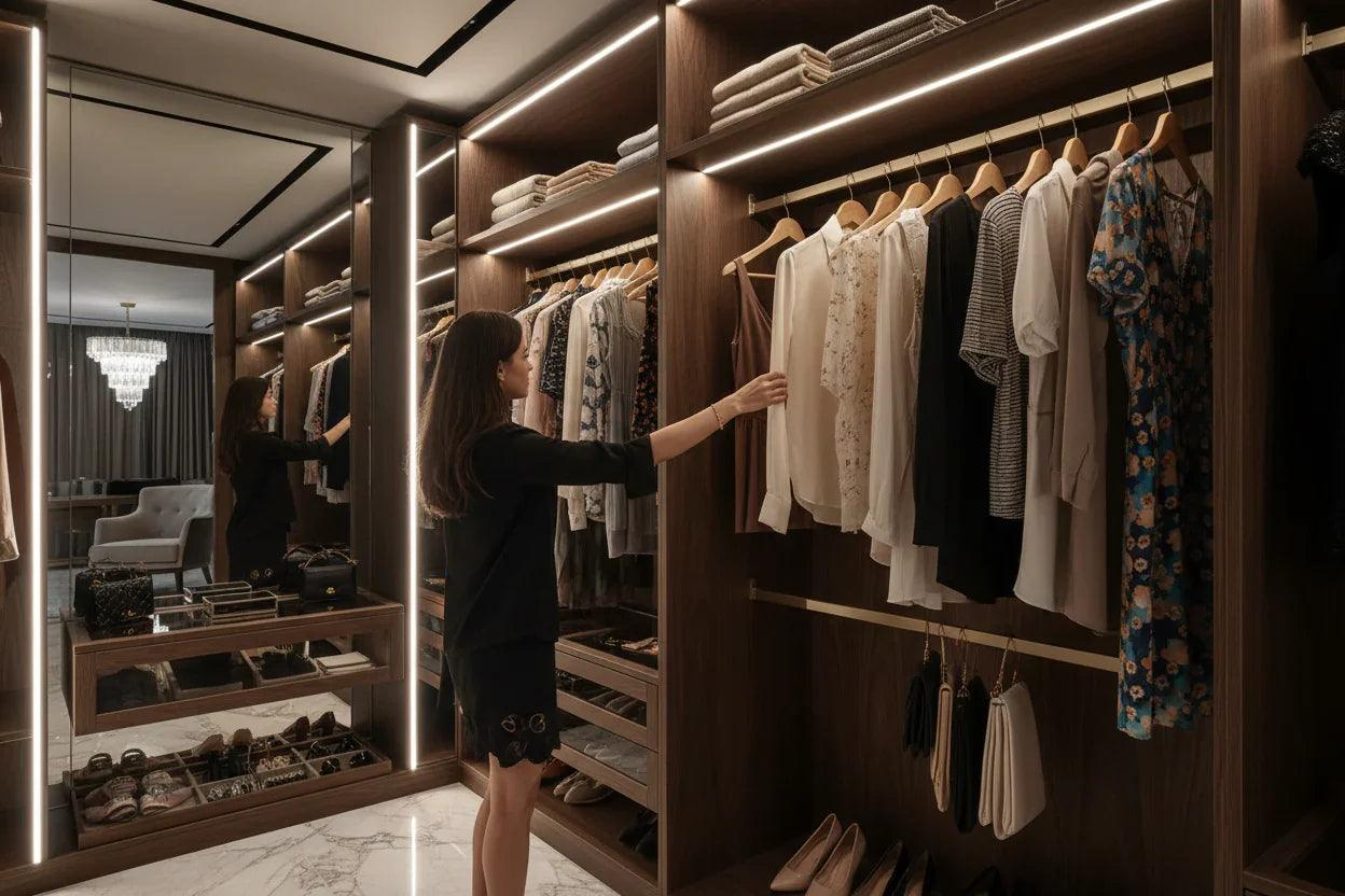 Woman in a modern wardrobe with clothes on hangers and shelves using Smart Motion Sensor Night Lighta to light up her space