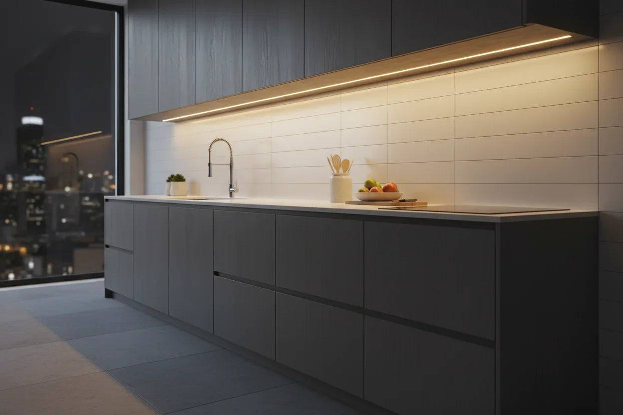 Modern kitchen with dark gray cabinets and white tiled backsplash using Smart Motion Sensor Night Lights