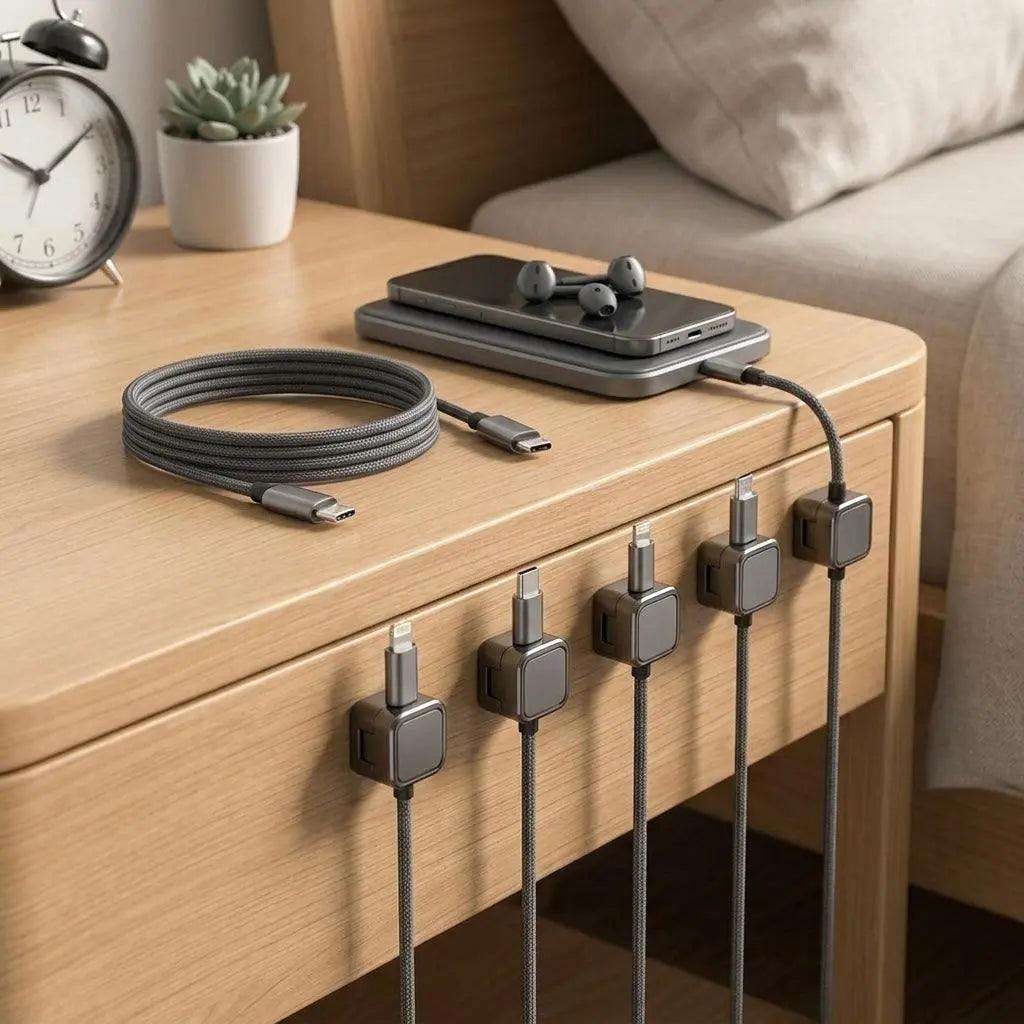 Magnetic cable organiser neatly holding multiple cables on a modern workspace desk