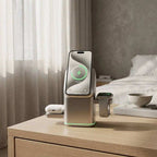 Qi2 3-in-1 Wireless Charging station in a silver finish, holding a phone, earbuds and smartwatch on separate chargers