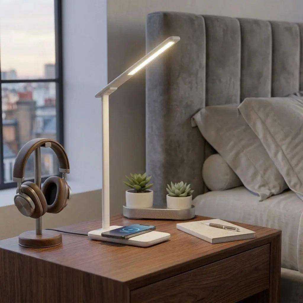 Smart LED Desk Lamp with a slim white stem and illuminated angled bar, beside a wireless charging pad on a wooden table