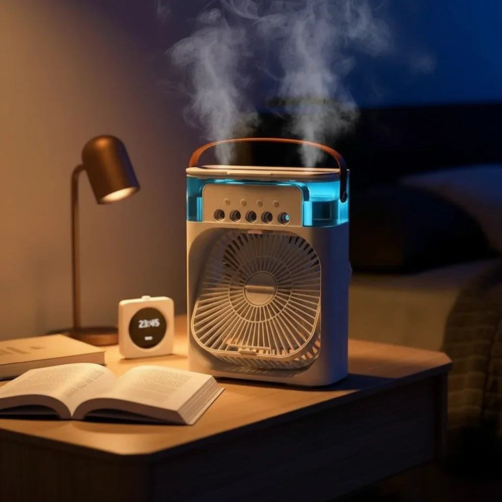 3-in-1 Portable Air Cooler Fan with mist spray and LED night light on a bedside table