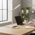 Smart LED desk lamp with adjustable brightness and built-in wireless charging on a desk