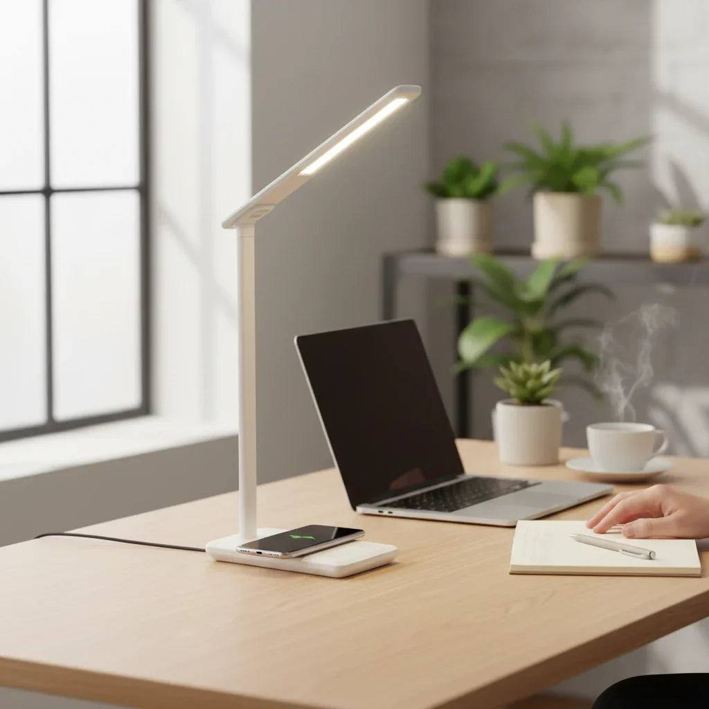 Desk setup with a smart LED desk lamp with wireless charging, laptop, phone, and notebook in a bright room.