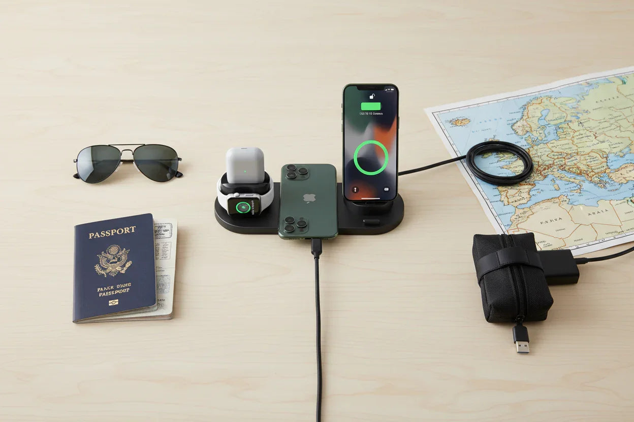 6-in-1 wireless charging station with phone, AirPods, smart watch, sunglasses, passport, and map on a table
