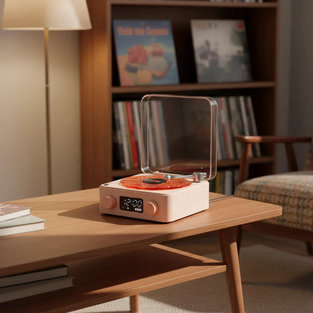 Compact white noise Bluetooth speaker with RGB ambient lighting and retro design