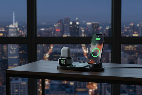 Smartphone on 6-in-1 wireless charging station with app interface on a stand in front of a cityscape at night