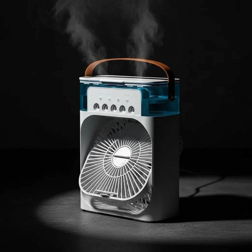 3-in-1 Portable Air Cooler Fan with mist spray and LED light for refreshingly cool air at home.