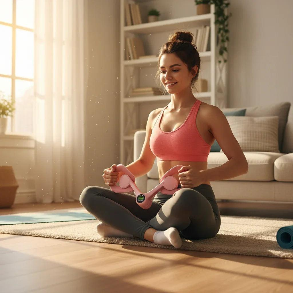Woman exercising with pink Pelvic Floor Muscle Trainer in a home setting