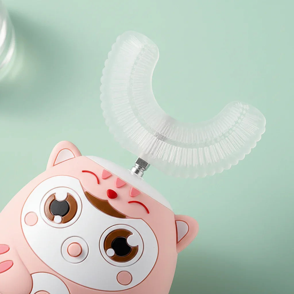Kids electric toothbrush with soft silicone 360° U-shaped brush and fun cartoon design