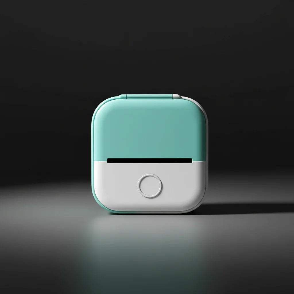 Teal and white Portable Mini Thermal Label Printer on a dark background